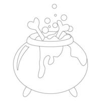 Halloween Magic Potion coloring page in a large cauldron with bones and bubbles of sinister poison. vector