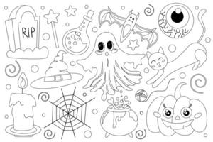Coloring page is a set of Halloween elements and magical items, sinister and cute characters pumpkin and ghost, magic potion and spider webs, bat and witch's hat. vector