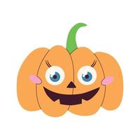 Cute Halloween pumpkin illustration with a smiling face, blue eyes, and a green stem. Ideal for festive decorations, invitations, and holiday themed designs. vector