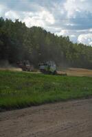 Two combines are working in the field, harvesting crops. Combines collect grain photo