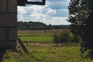 A combine harvester in the distance reaps wheat in a field photo