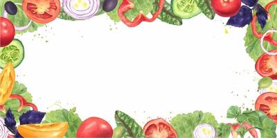 Fresh vegetables and aromatic herbs. Slices of tomato, onion, cucumber, red pepper and olives. Leaf salad and splash of olive oil. Horizontal frame with copy space for text. Watercolor illustration vector