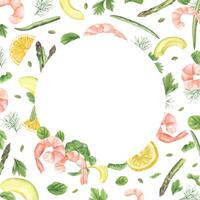 Shrimp, asparagus, avocado, beans, herbs and slices of lemon. Flavorful oregano, basil, parsley and dill for seafood. Square frame with round empty space. Watercolor illustration for culinary projects vector