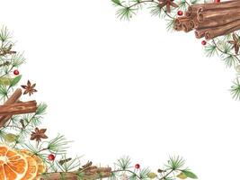 Aromatic winter dried spice among evergreen branch. Cinnamon sticks, orange slice, allspices, anise and clove. Horizontal frame with empty space for text. Watercolor illustration of punch ingredients vector