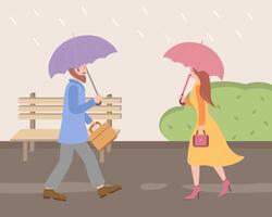man and woman under rain with umbrellas, passersby. Illustration for printing, backgrounds and packaging. Image can be used for greeting cards and posters. Isolated on white background. vector