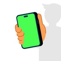 hand displaying and presenting smartphone screen, showing mobile phone concept illustration flat design. simple modern graphic element for banner template, ui, infographic vector