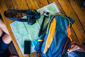 set of blogger and map on the table photo