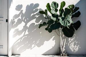 Fiddle leaf fig plants cast artistic shadows on a sunlit wall in a tropical indoor space photo