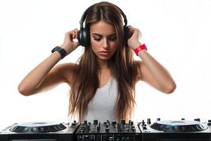 Dynamic female DJ mixing beats on turntables against a white background in a studio setting photo