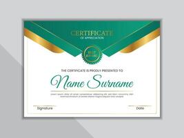 Green and gold certificate template with badge. Modern and clean certificate layout. vector