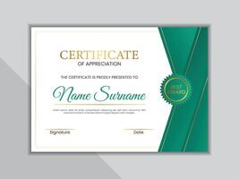Green and gold certificate template with badge. vector