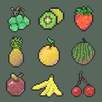 bundle fresh and colorful fruits pixel art vector