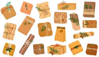 Christmas gifts in kraft paper set. DIY rustic present boxes in craft wrappings with twine bows and branches, Xmas wreaths, envelopes. Colored flat illustrations isolated on white background vector