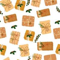 Christmas gifts pattern. Seamless background with Xmas present boxes in brown paper, kraft wrapping. Holiday craft surprises repeating print, texture design. Flat illustration for decoration vector