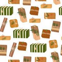 Christmas gifts pattern. Seamless background with Xmas present boxes in brown paper, kraft wrapping. Holiday craft surprises repeating print, texture design. Flat illustration for decoration vector