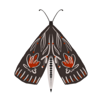 Butterfly with black wings and red flowers on them. Night moth. Spring design with insects and leaves and flowers. Background for decor, printing, textile and wrapping paper png