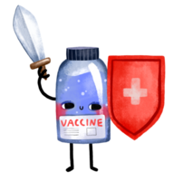 Vaccine with shield and sword. Cartoon hand drawn illustration on isolated background. png