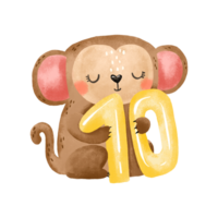 Monkey with number 10. Number ten. Cute baby month anniversary card with numbers and animals, months, hand drawn illustration on isolated bcakground. png