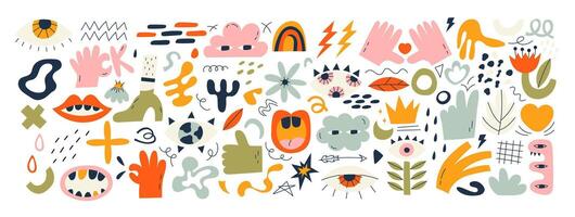 Big set of hand drawn various shapes and doodle objects, tropical elements and human hands. Abstract contemporary modern trendy illustration. All elements are isolated vector