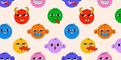 Round abstract comic Faces with various Emotions. Different colored characters. Cartoon style. Flat design. Hand drawn trendy seamless Pattern. Background, wallpaper vector