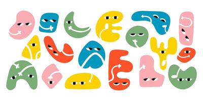 Set of Various bright Doodle shapes with face emotions. Different figures. Hand drawn trendy illustration for kids. Cute funny characters. All elements are isolated vector