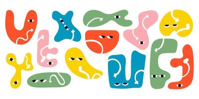 Abstract cute funny characters set. Comic shapes, abstract figures of different shapes with eyes. Childish flat illustrations isolated on white background. stock illustration vector