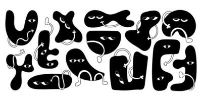 Set of black and white abstract character figure. Geometric shape with comic face in y2k style. Funny child figure. Doodle flat illustration for kids. collection with face emotions. vector