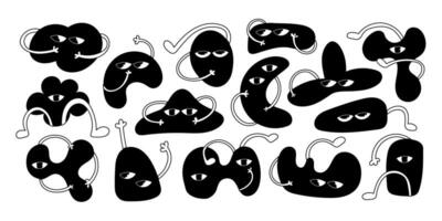 Set of Various black and white Doodle shapes with face emotions. Different figures. Hand drawn trendy illustration for kids. Cute funny characters. All elements are isolated vector