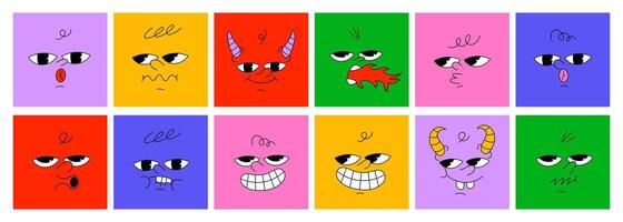 Square abstract comic Faces with various Emotions. Different colored characters. Cartoon style. Flat design. Hand drawn trendy illustrations. Every face is isolated vector