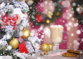 Hot cacao with marshmallows on a rustic table photo