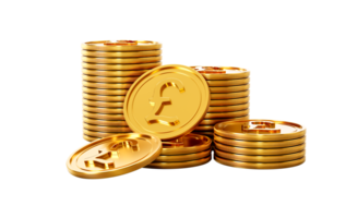 3d Stack Of Golden British Pound Coins Shiny Rounded Coins Stack 3d Illustration png