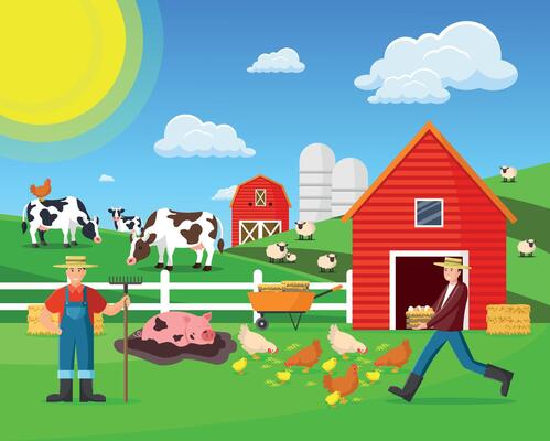 Farmers with farm animals. Summer day on the farm.