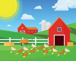 Farm horizontal background with barns and chickens. vector