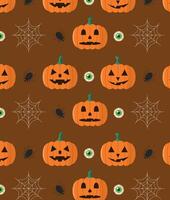 Seamless pattern with pumpkins, spiders, webs and eyes. Halloween background. vector