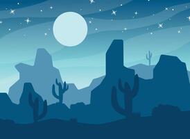 Desert with cactuses and moon. vector