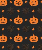 Seamless pattern with pumpkins, spiders and cobwebs for Halloween on a dark background. vector
