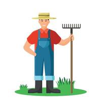 Farmer in hat and overalls. Farmer with rake in hand. vector