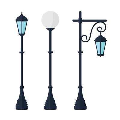 Set of lamp posts on a white background. Street lighting. Concept of urban street and park lighting.