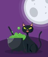A cat sits near a witch's cauldron against the backdrop of the moon. vector