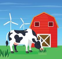 A cow grazing in a meadow with a red barn and wind turbines in the background. vector
