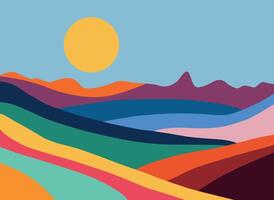 Abstract landscape background with mountains and sun. vector