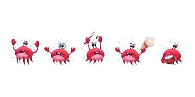Funny crab illustrations showing different emotions and activities, like eating sushi or enjoying ice cream vector