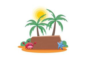 Cheerful crab and starfish standing in front of a wooden signboard, with palm trees, bushes and sun on the background vector