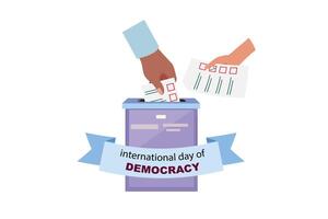 Hands inserting vote papers into a box, ribbon with text International Day of Democracy vector