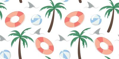 Tropical seamless pattern featuring palm trees, beach gear and shark fins on a white backdrop vector