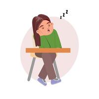 Sleepy little girl slumped over her school desk, feeling unwell and unable to concentrate in class vector