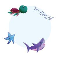 Underwater themed circle frame with marine animals like a shark, turtle, starfish, and fish pack vector