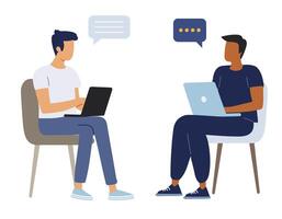 Two men work together and discuss their tasks in front of their computers. Flat style illustration. Business people. vector