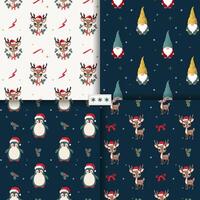 Set of winter seamless patterns with cute christmas characters. New year backgrounds. Xmas decorations. vector