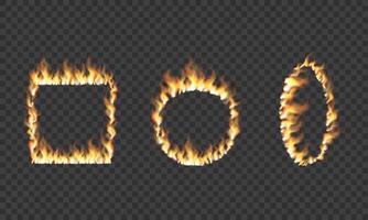 Square and round frames made of fire. Realistic fire set. Flame fire illustrations. vector